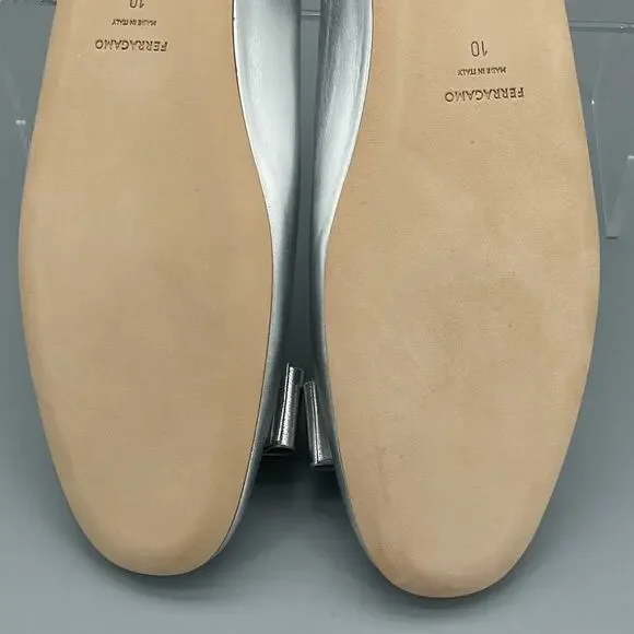 NEW Ferragamo Women’s Vanna Bow Detailed Leather Ballet Flats Silver Size 10 - Picture 10 of 10